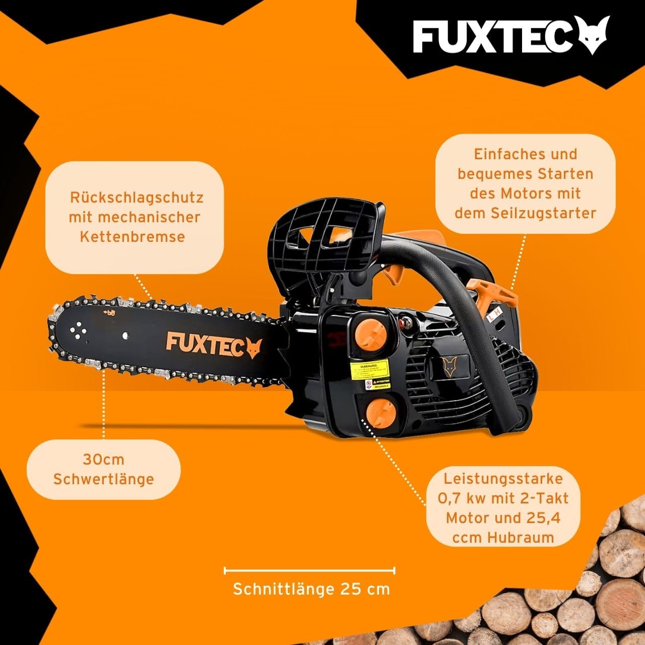 FUXTEC Benzin Baumpflegesäge FX-KS226 Kettensäge 25,4ccm – Schwertlänge 30cm – Motorsäge Top Handle/Einhandsäge