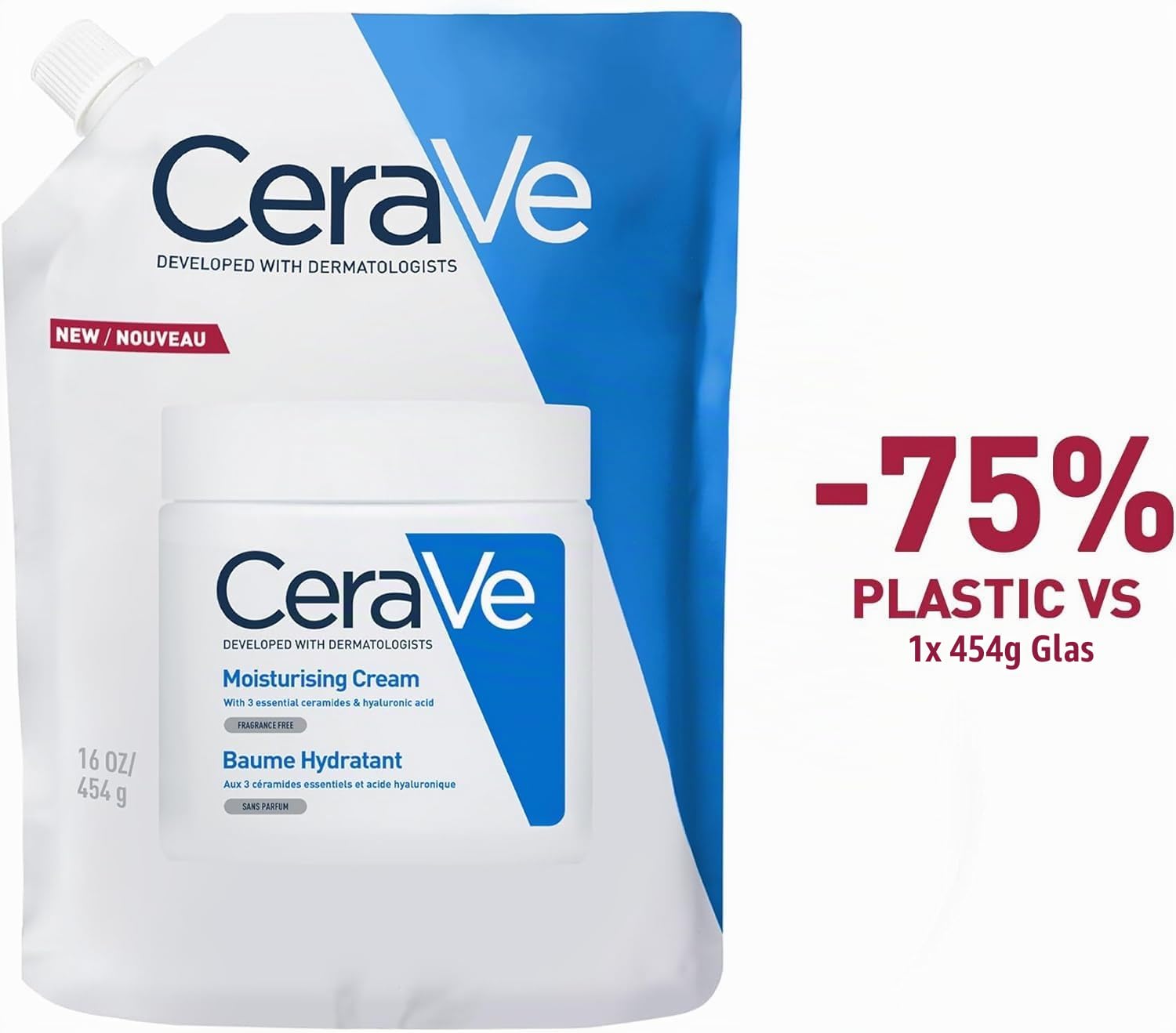 CeraVe Feuchtigkeitscreme mit Nachfüllung - Mit Hyaluronsäure & 3 essentiellen Ceramiden - Reichhaltige Hydratation für trockenes bis sehr trockenes, empfindliches Gesicht & Körper (454g Glas + 454g