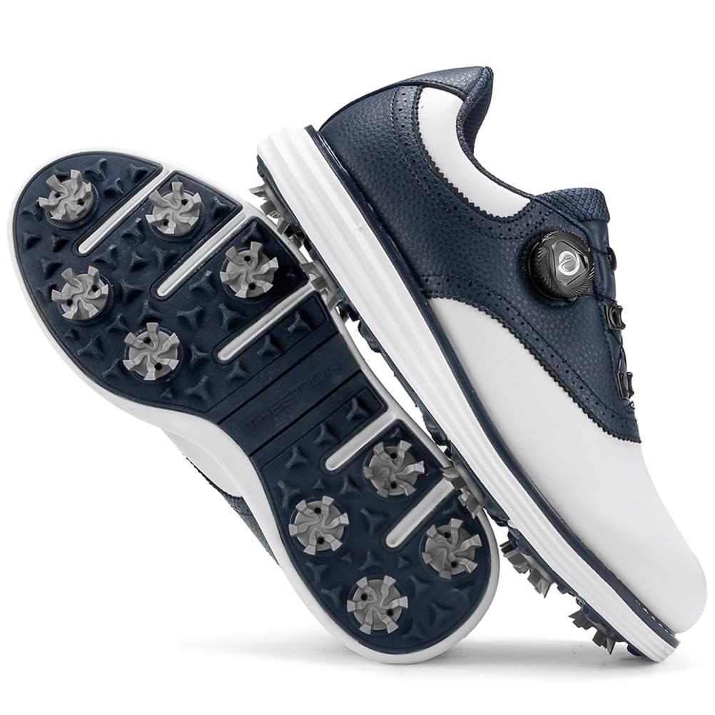 SDEQA Chaussures de Golf en Cuir pour Hommes avec 9 Crampons, Baskets d'extérieur imperméables, Grande Taille