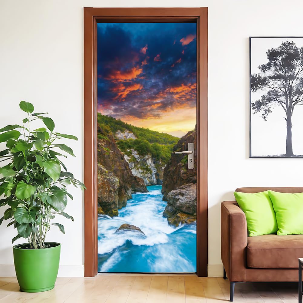 arricraft 2 Sheets Self-Adhesive Door Sticker, 80cmx200cm/31.5x78.7inch Sunse Canyon River Pattern Door Murals Stickers PVC Removable Wallpaper Decoration for Bedrooms ​Living Room