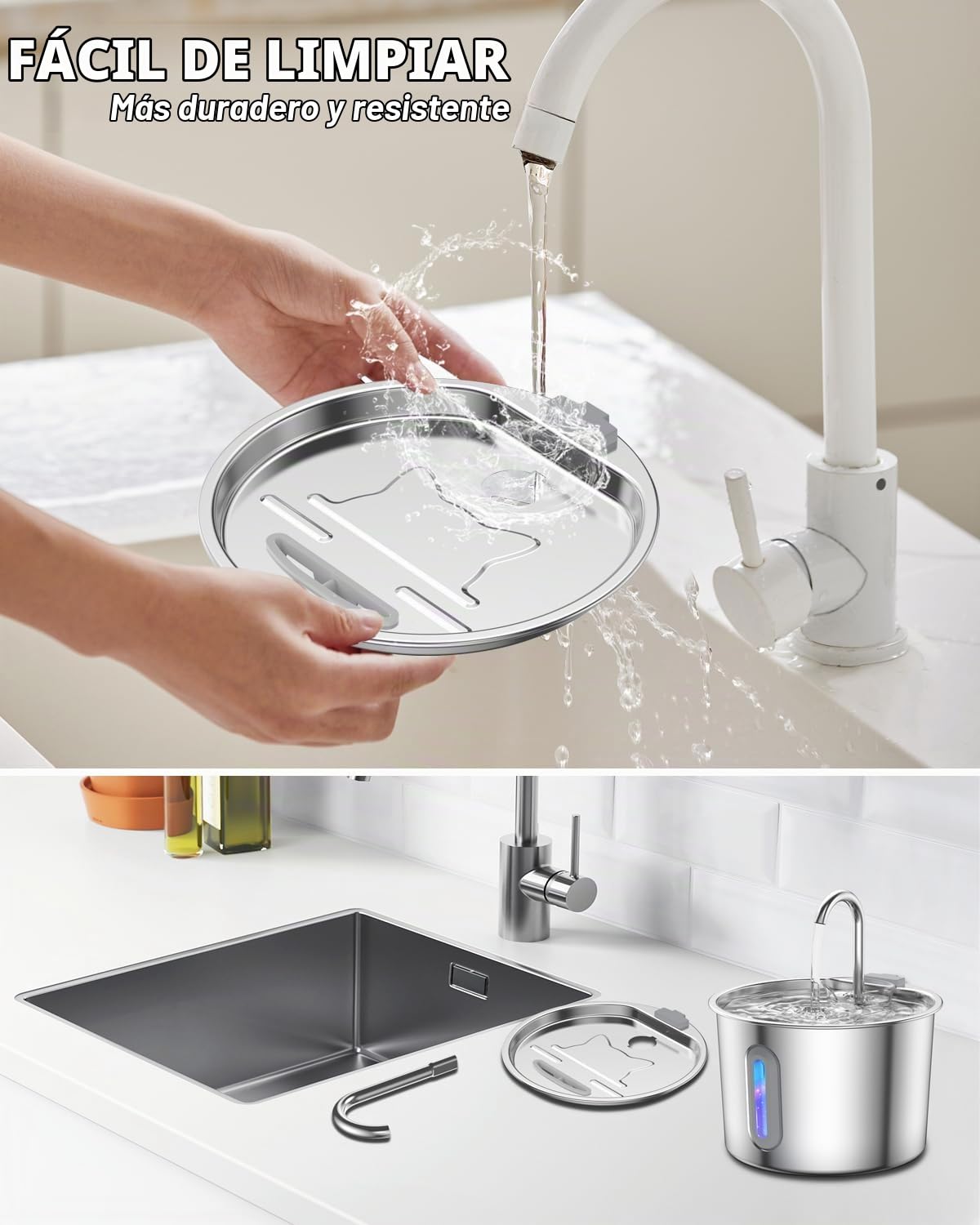 Fuente para Gatos Acero INOX: 2.2L Bebedero Gato con Ventana de Nivel de Agua, Bebedero Perros Acero Inoxidable, Dispensador Agua Perro Silencioso (Fuente Gatos-2.2L+6 Filtros+3 Esponjas)