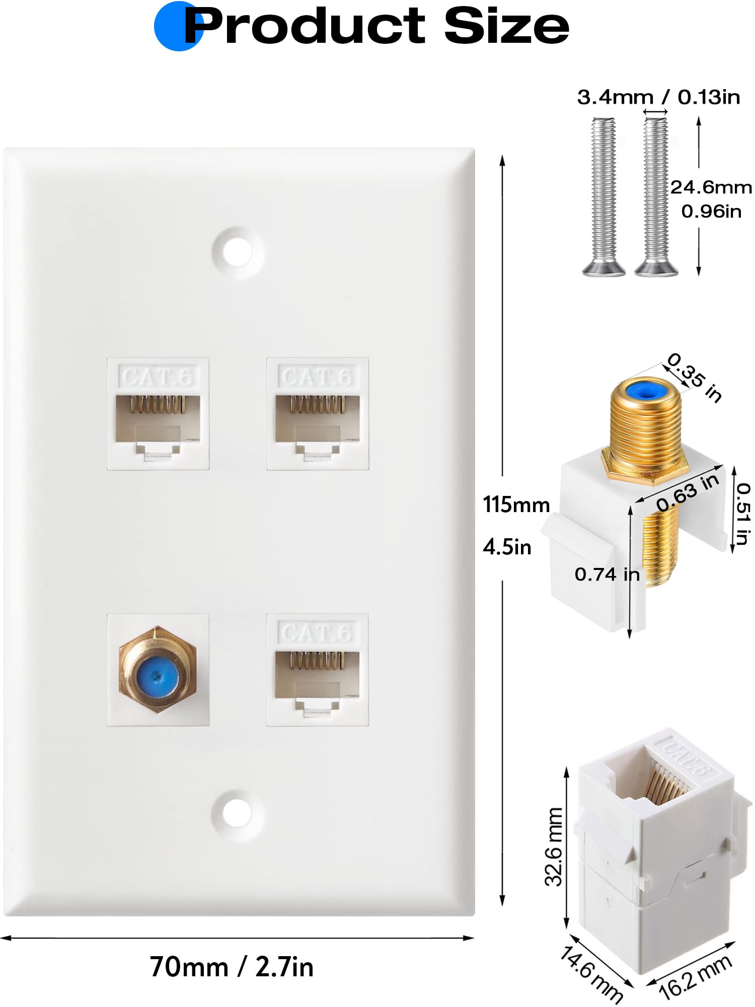 Ethernet-Koaxial-Wandplatte, 3 Anschlüsse, Cat6-Keystone-Buchse auf Buchse, 1 Port F-Typ-Stecker, Koaxial-Keystone-Wandplatte, Weiß