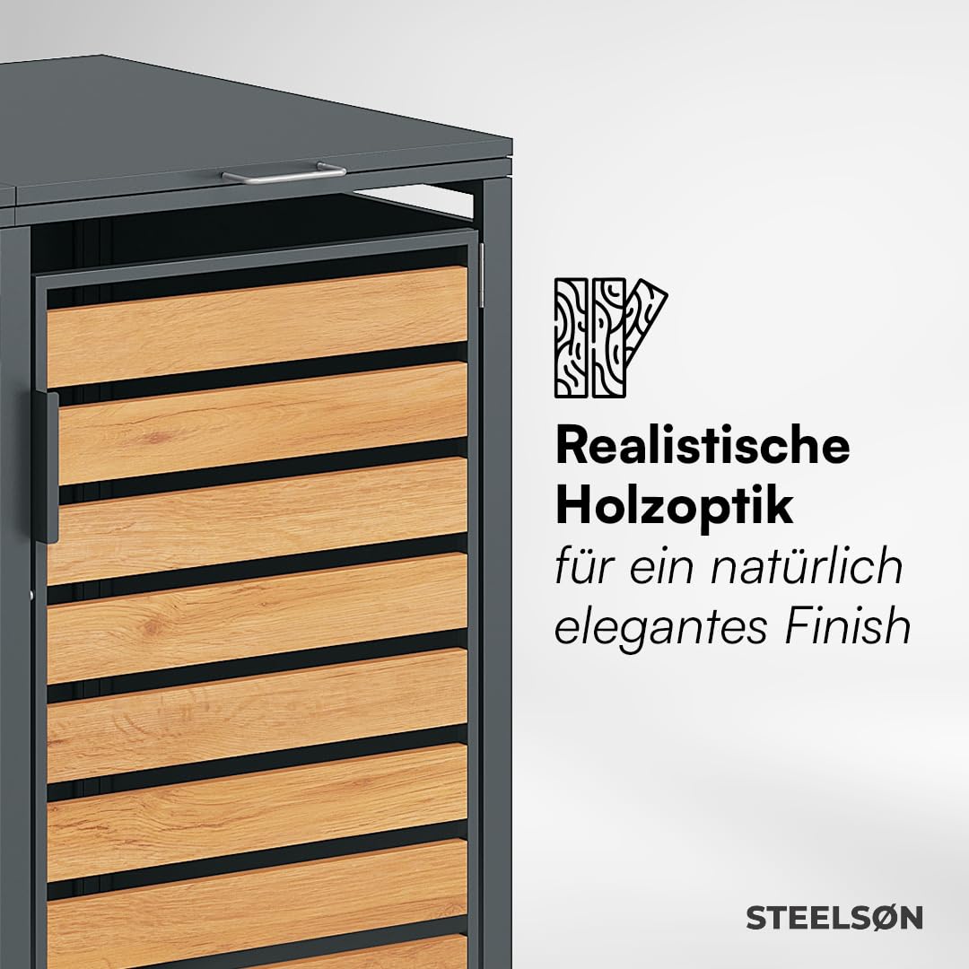 STEELSØN Kestra Mülltonnenbox 2er bis 120L – Mülltonnenverkleidung aus Stahl mit Sichtstreifen in Holzoptik – hochwertige Müllcontainer für 2 Tonnen – Müllbox in Anthrazit – Gerätebox wetterfest