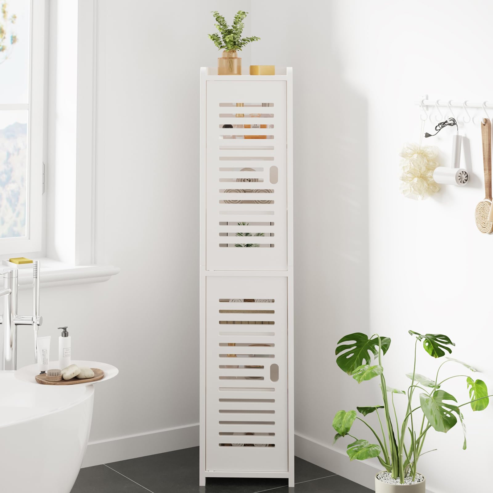 Dripex 7 Tier Tall Bathroom Floor Cabinet, 20W x 20D x 118H cm, Slim White Storage Cabinet with Door, Narrow Free Standing Cupboards Adjustable Shelves for Bathroom or Bedroom (Door Style 2)