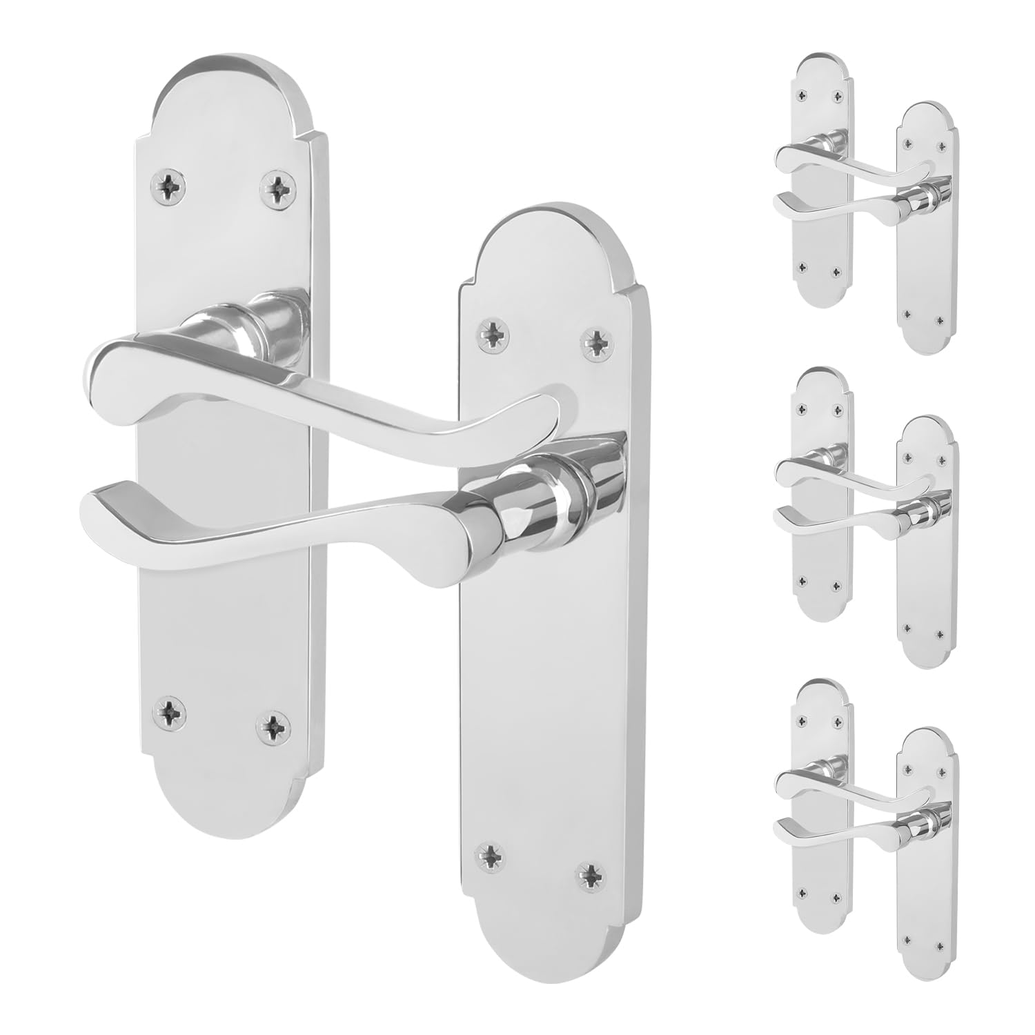 EAI Polished Chrome Door Handles, 4 Pairs on Backplate - Victorian Scroll
