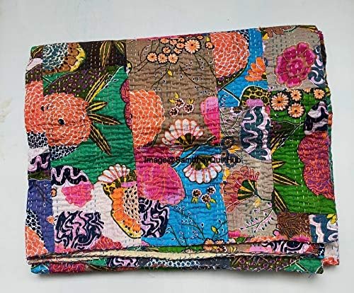 Queen/Twin/King Mullti Patchwork Floral Fruit Patch Print Throw Reversible Blanket Indian Kantha Quilts Ethnic Stitched Bedcover Bohemian Floral Print Kantha Comforter Quilting Kantha (60X90 inches)