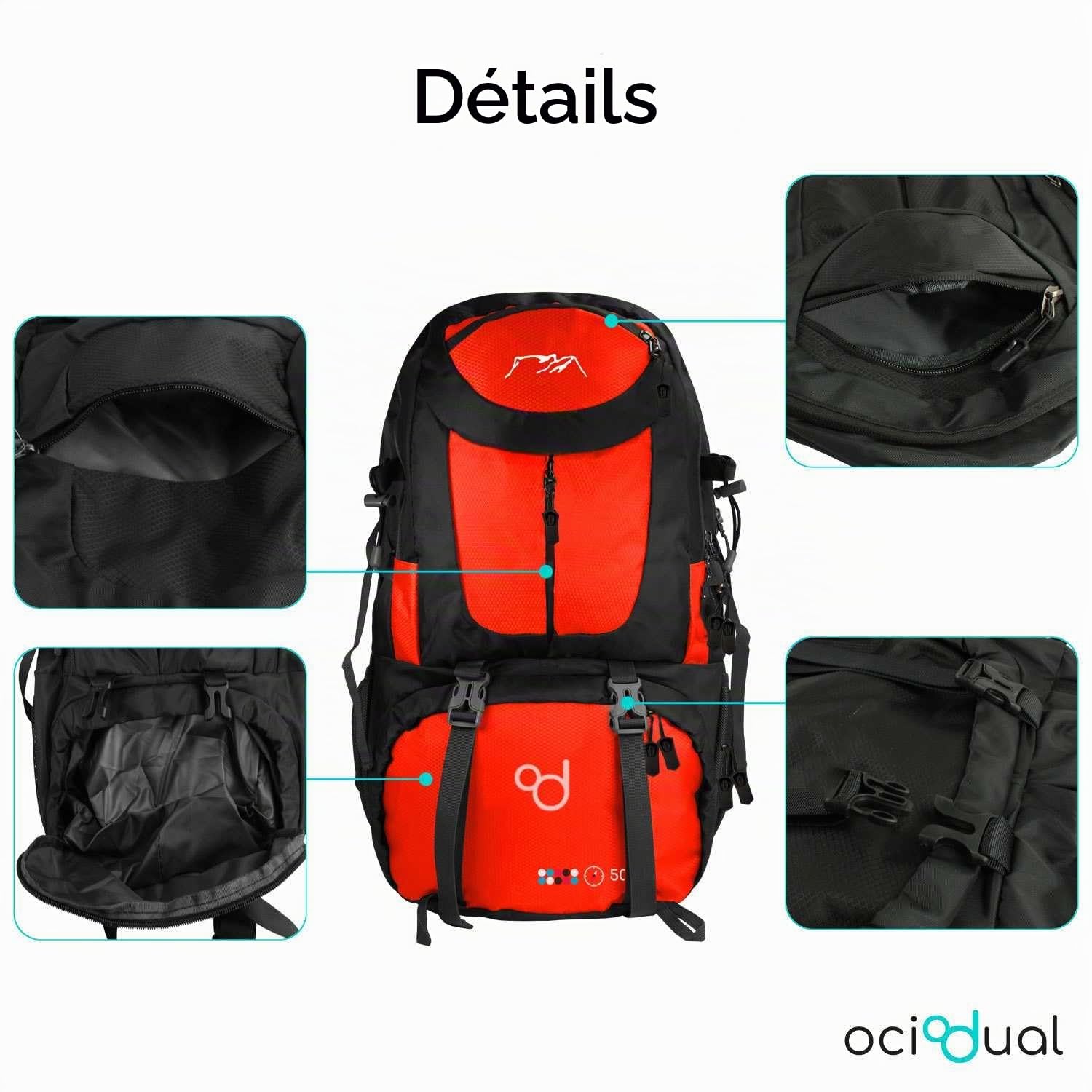 OcioDual Sac à Dos de Randonnée, 50 Litres, Imperméable Et Léger, Plusieurs Poches, Idéal pour les Voyages, La Montagne, le Camping, L'extérieur, pour Femmes Et Hommes