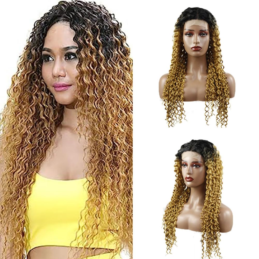 Weeybay Curly 4x4 Lace Front Wigs 1B/27 Black Root Honey Blond Real Unprocessed HD Transparent Human Hair Wigs Ombre Blonde Color for Women 18 Inch