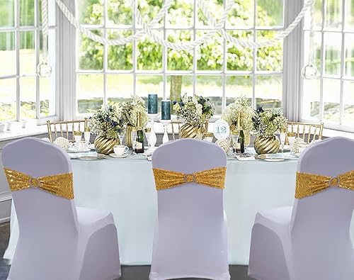 Miniatura 4 de WENSINL Paquete de 100 bandas doradas de lentejuelas para silla, lazos dorados para decoración de sillas plegables de boda, fiesta, banda dorada con