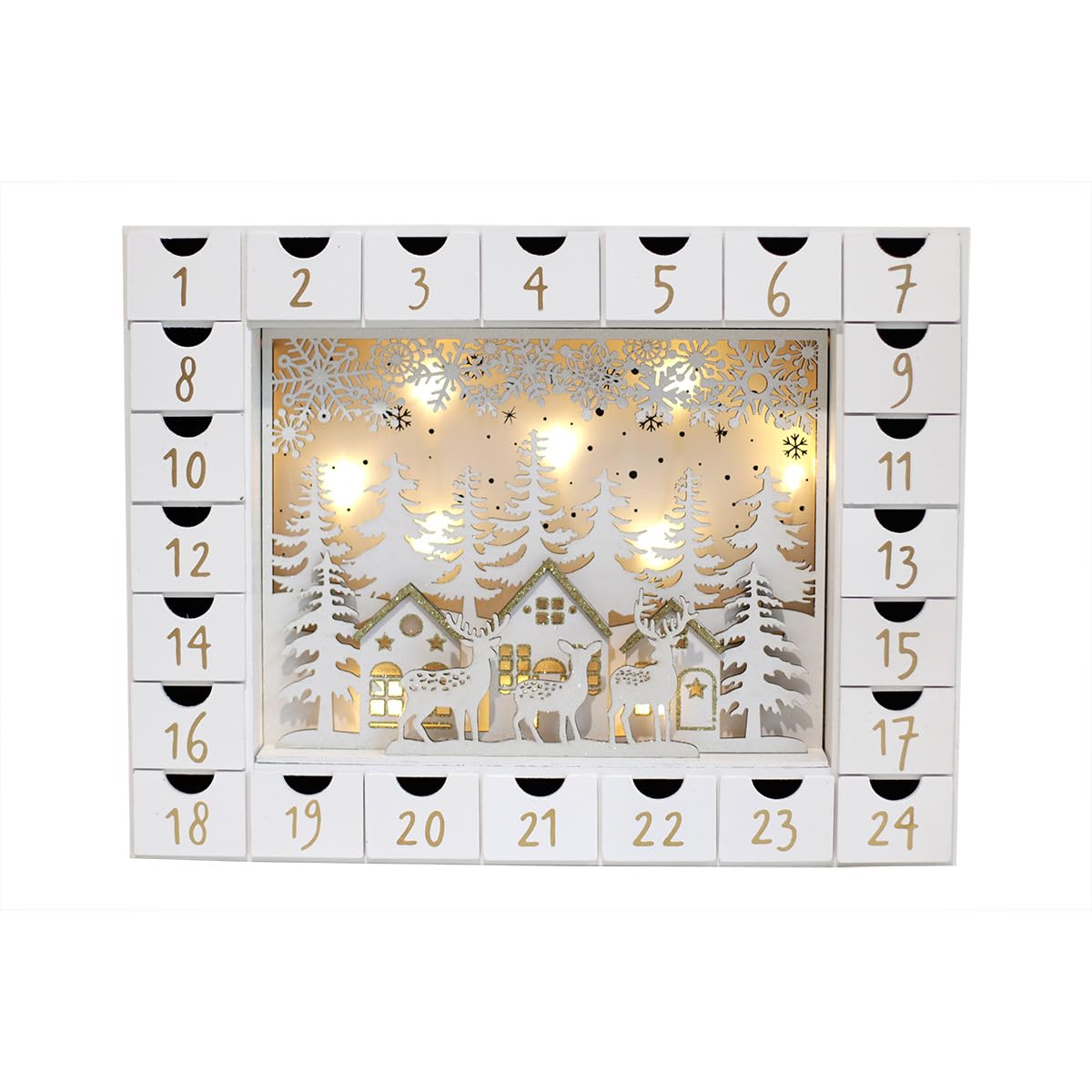 Adventskalender aus Holz mit 24 Schubladen zum Befüllen von kleinen Geschenken, Weihnachtsszene mit LED-Lichtern, Countdown bis Weihnachten, Tischdekoration