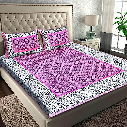 Image of RajasthaniKart Pure 100% Cotton Double Bed Sheet with 2 Pillow Covers (Bedsheet for Double Bed Cotton, Pink, 5280)