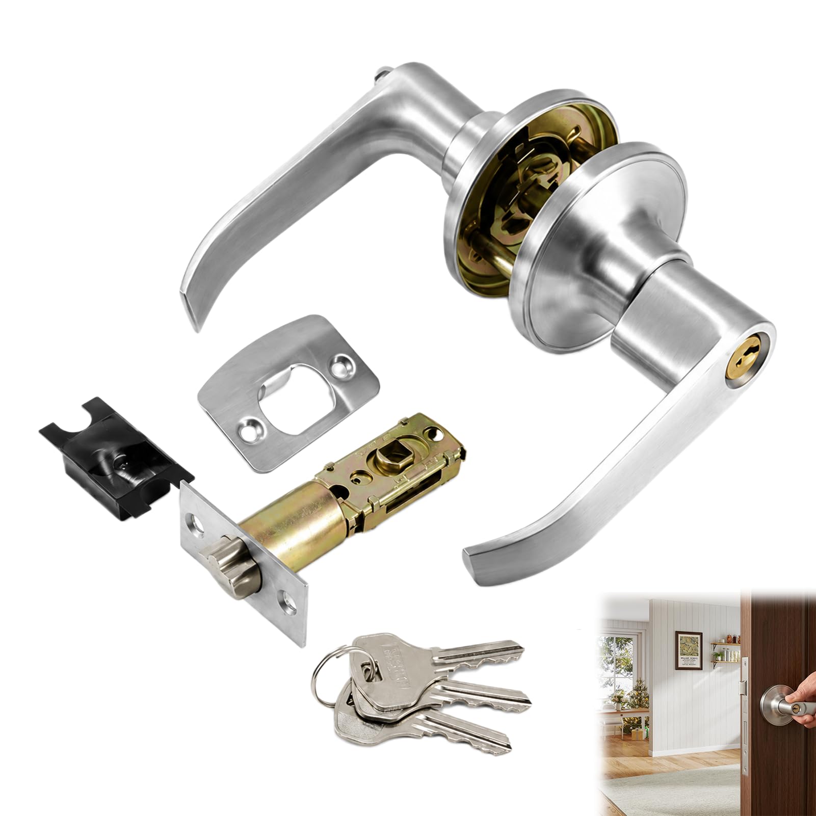 Huenwlp Bedroom Door Lock with Key, Privacy Protection Handle, Secure Interior Door Locking System, Silver Aluminum Alloy Construction, 1-Piece Door Handle Set