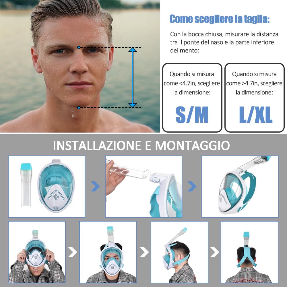 Maschera Subacquea,Doppia Palla Galleggiante Maschera Snorkeling,180° Anti-Nebbia Leak Proof Maschera Facciale Integrale Snorkeling,Fotocamere Compatibili Bambini,Adulti