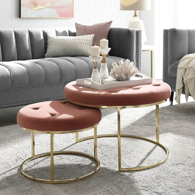 Right Choice Furnish Round Coffee Table Iron & Velvet Large for Living Room, Button Tufted Cocktail Ottoman Coffee Table with Velvet Padded Seat (Set of 2) (Pink)