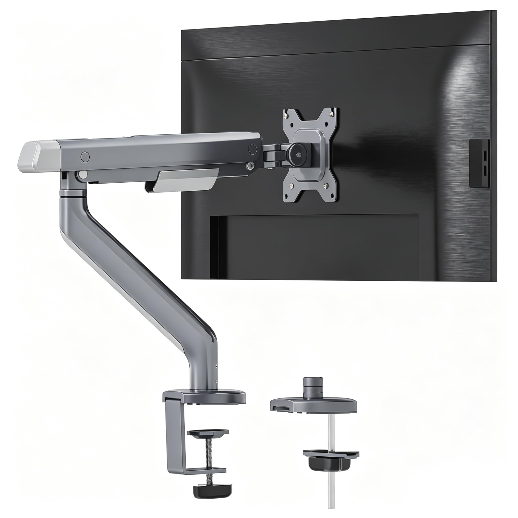 FlexiSpot Single Monitor Arm, Premium Aluminum Monitor Desk Mount Fits Screen up to 35 Inches 19.84 lbs, Fully Adjustable Monitor Stand with C-Clamp &amp; Grommet Base for Home Office, Gun Gray