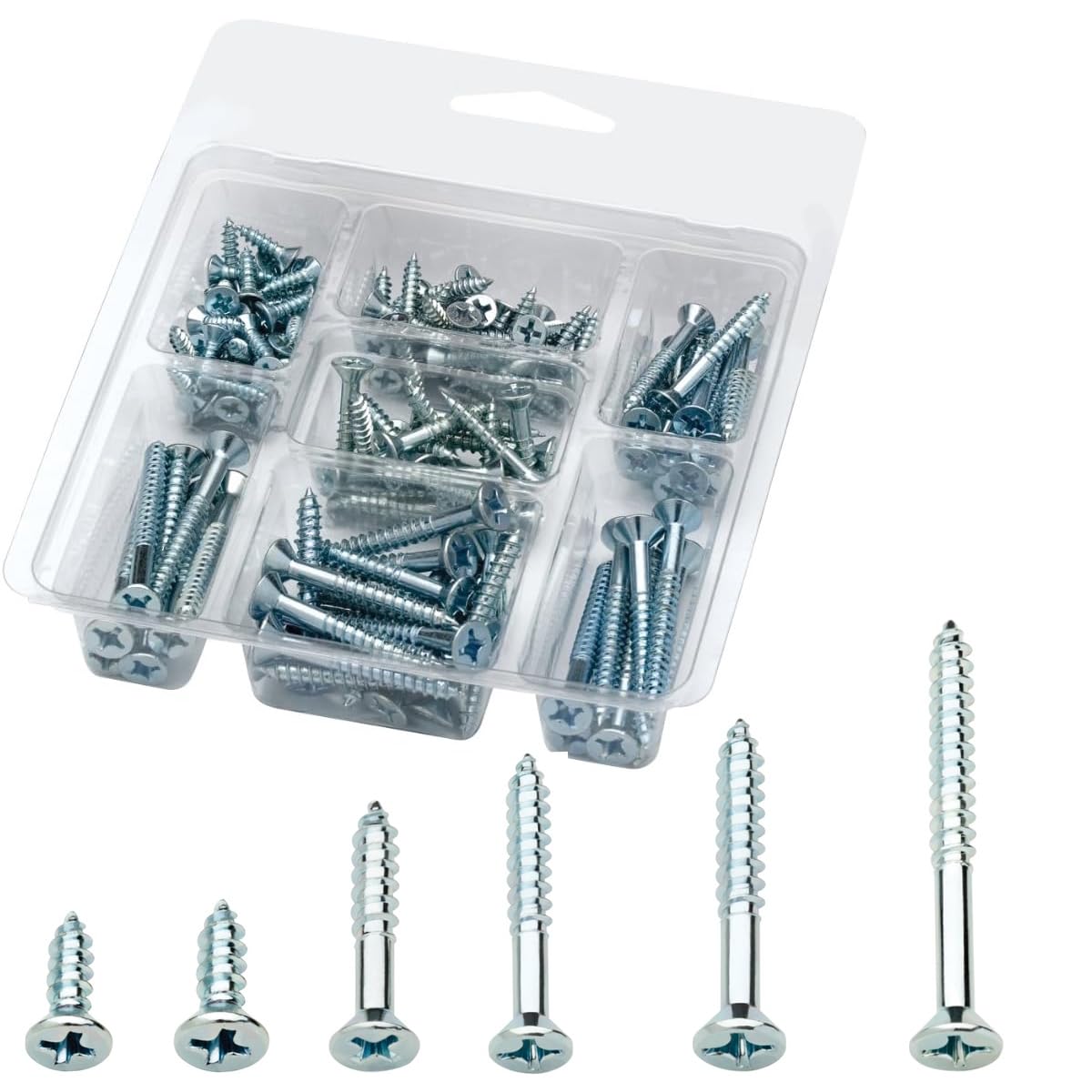 Rocky Mountain Goods Wood Screws Assortment Kit – 140 pcs Screw Set with 1/2", 3/4", 1", 1-1/4", 1-1/2", 2" Phillips Flat Head Screws – Zinc Plated