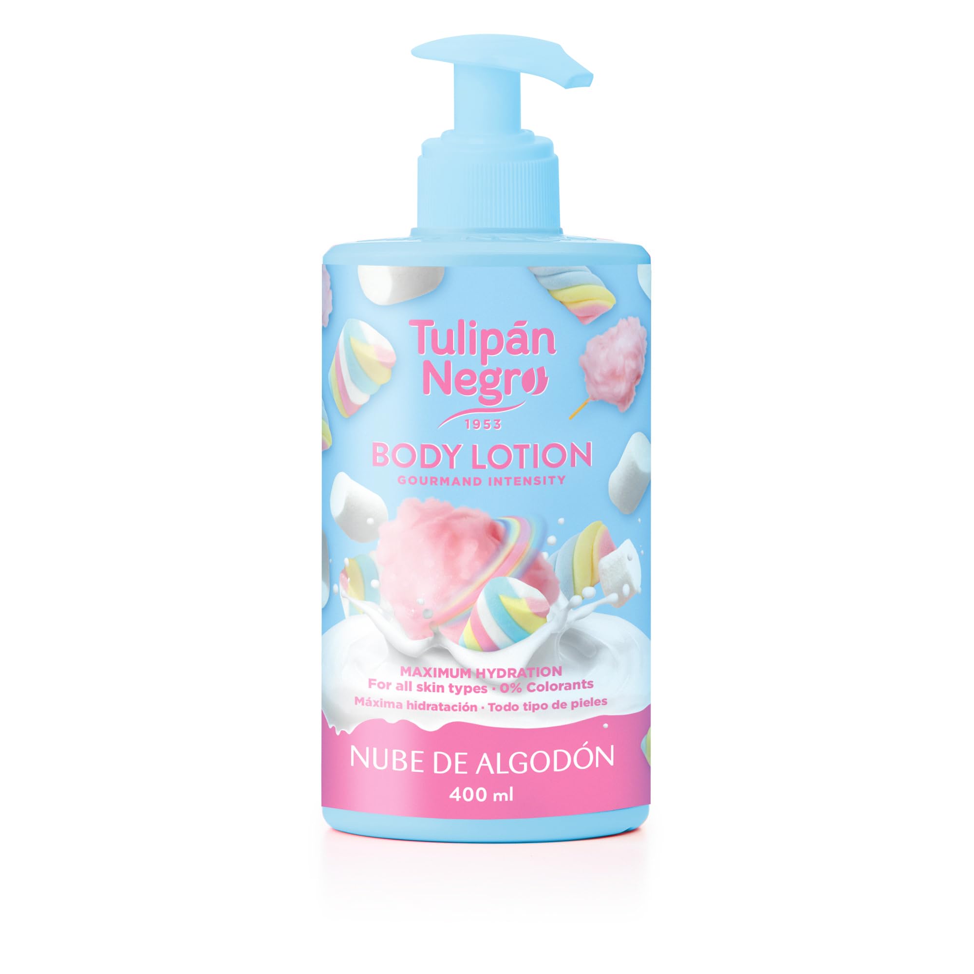 Tulipán Negro Loción Corporal con dosificador Nube de Algodón, máxima hidratación 400 ml, intensamente perfumado y para todo tipo de pieles