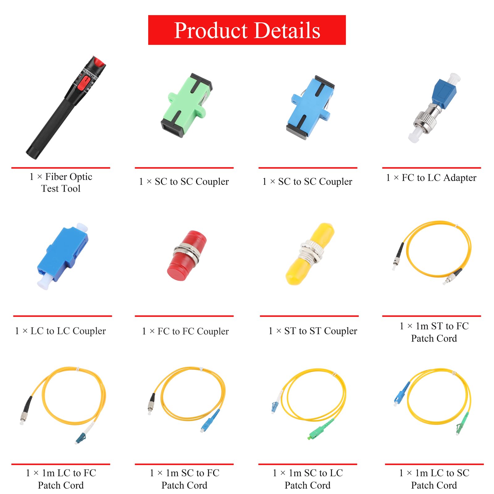 Glasfaserwerkzeug Set mit Glasfaser Tester, FC auf LC Adapter,SC/APC FC SC LC ST/UPC Glasfaser Adapter und Glasfaserkabel LWL Patchkabel, 50mw 50KM Visual Fault Locator Test Kit(50KM Set)