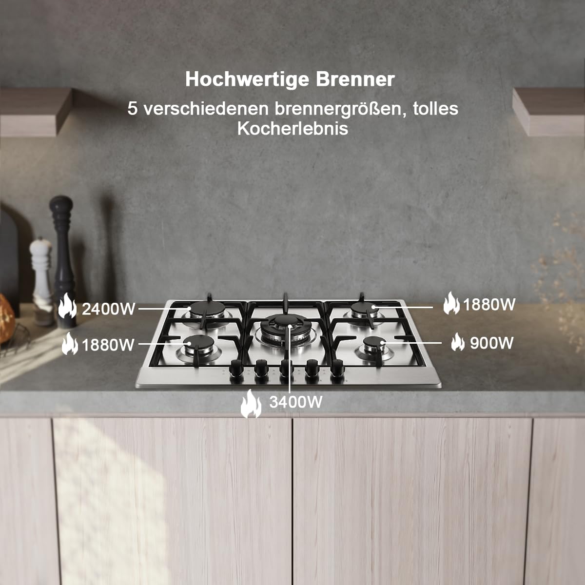 Gaskookplaat, 3-pits, inbouwkookplaat, 3-pits, geschikt voor aardgas of propaangas (zwart