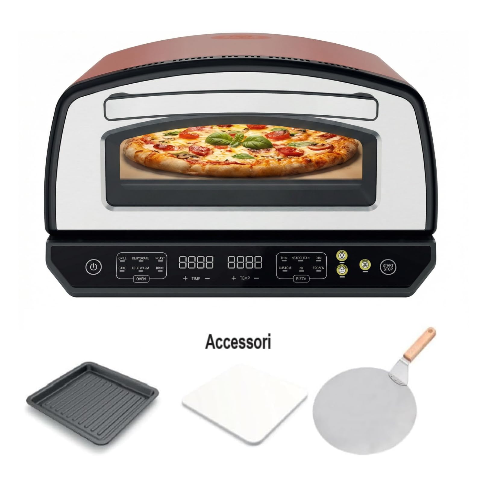GrecoShop Forno - Fornetto Elettrico Pizza 33x33 cm con Display Esterno, Riscaldamento Rapido, Controllo Temperatura Preciso, Compatto, per Pizza Croccante, Facile da Usare, 3 Accessori Inclusi