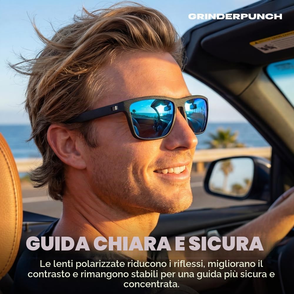 grinderPUNCH Occhiali Da Sole Da Guida Polarizzati Per Uomo Leggeri Protezione UV400 Antiabbagliamento Forma Quadrata