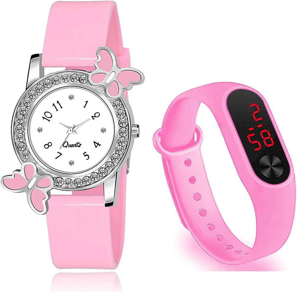 Pink Butterfly Analogue and Rectangular Digital Dial LED Display Watch for Girl's & Women's Watches Combo Pack of 2 (Pink)
