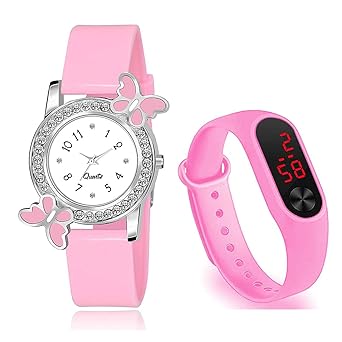 Goldenize fashion Pink Butterfly Analogue and Rectangular Digital Dial LED Display Watch for Girls & Womens Watches Combo Pack of 2