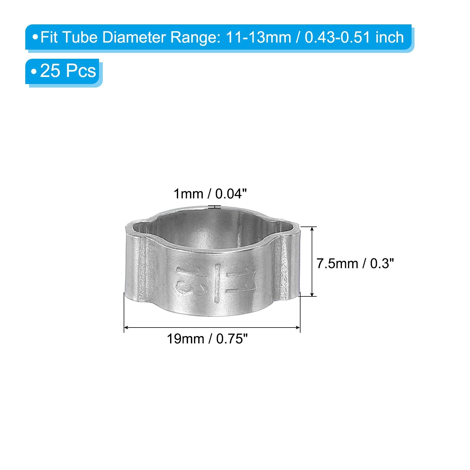 PATIKIL 25 Pack 11-13mm Double Ear Hose Clamp, 304 Stainless Steel O Clip Crimp Rings for Fuel Petrol Pipe Tube Fitting Connections, Silver Tone - Image 2
