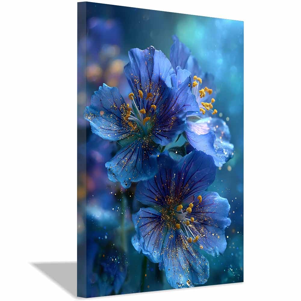 Xeniou Multicolor Flower Posters Sparkling Blue Flowers Canvas Wall Art, For Living Room Bedroom Restaurant Home Office Wall Decoration(Multicolor)-70X100cm Framed