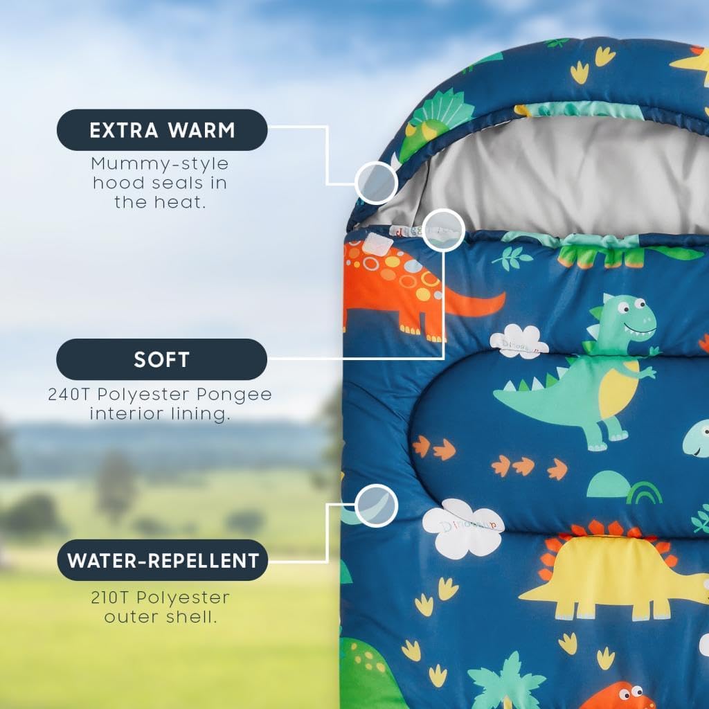 Wake In Cloud - Kids Sleeping Bag for Boys Toddlers, Camping in Warm Cold Weather, Backpacking Lightweight Compact Outdoor Liner for 3 Seasons, Cartoon Jurassic Dinosaur