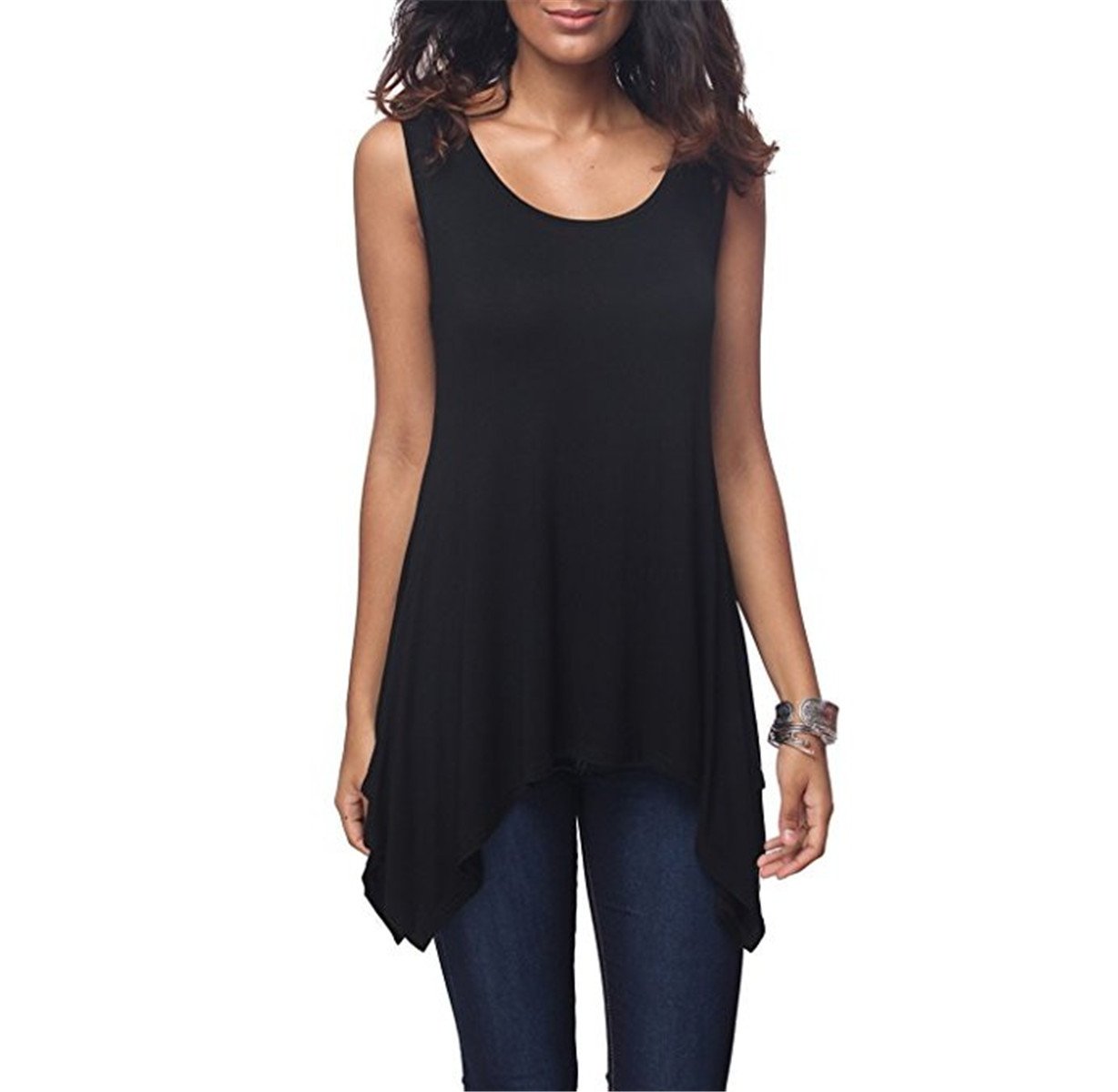 Dreamskull Damen Frauen T Shirts Oberteile Blusen Tops Tunika Tuniken Longshirt Lang Basic Rückenfrei Ärmellos Asymetrisch Baumwolle Sommer Alltag Casual Locker Lässig Stretch S-3XL