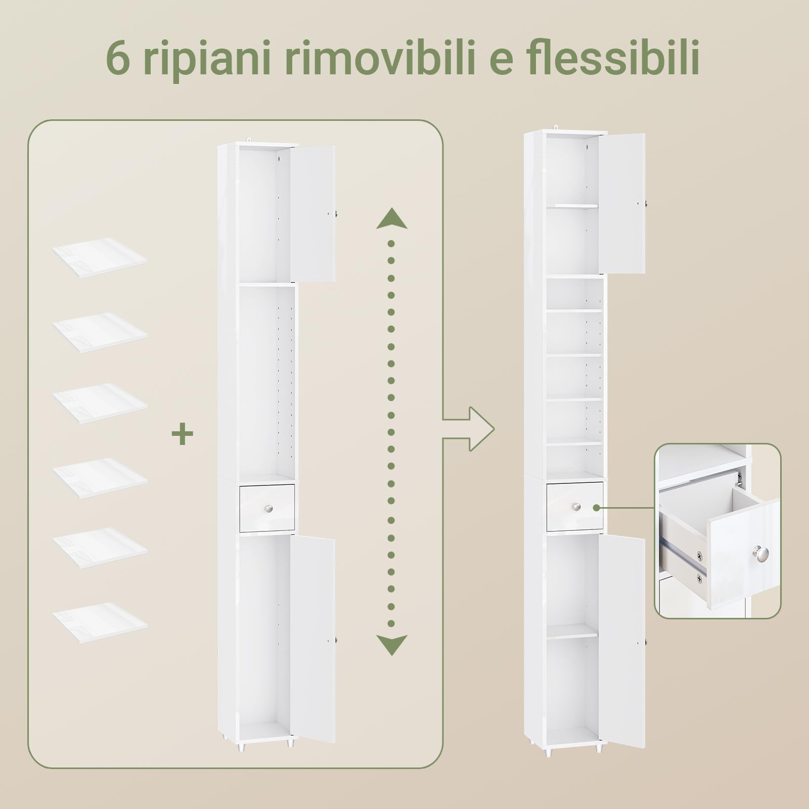 SoBuy Bianco Lucido Mobile Bagno Salvaspazio Colonna Stretta 20x20x180cm | Mobiletto Stretto con Cassetto e Ripiano Regolabile Armadietto Alto BZR167-GW