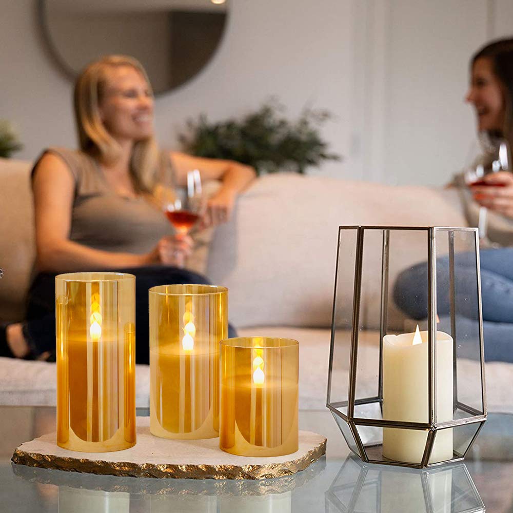 Eldnacele Lot de 3 bougies en verre doré à piles avec minuteur et télécommande à 10 touches, sans flamme, LED en cire véritable, bougie à lumière chaude vacillante