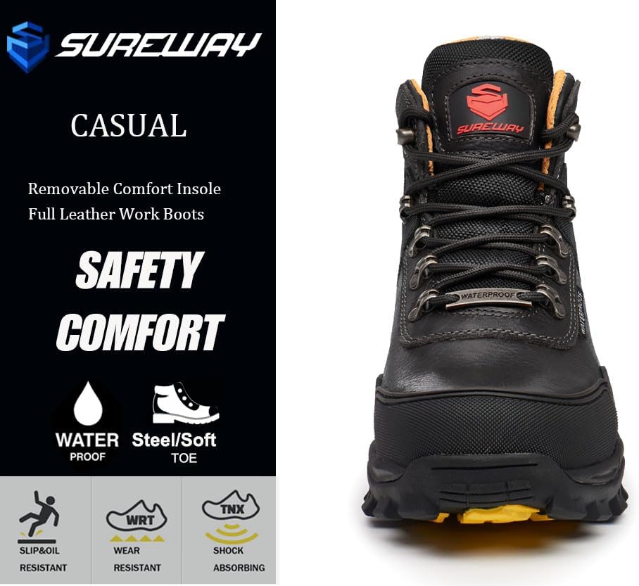 SUREWAY Men's 6" Soft/Steel Toe Heavy Duty Waterproof Work Boot - Leather,Lace Up,Oil/Slip Resistant Dual-Density Comfortable Outsole,EH Construction Industrial Ankle Safety Men Work Boots - Image 4