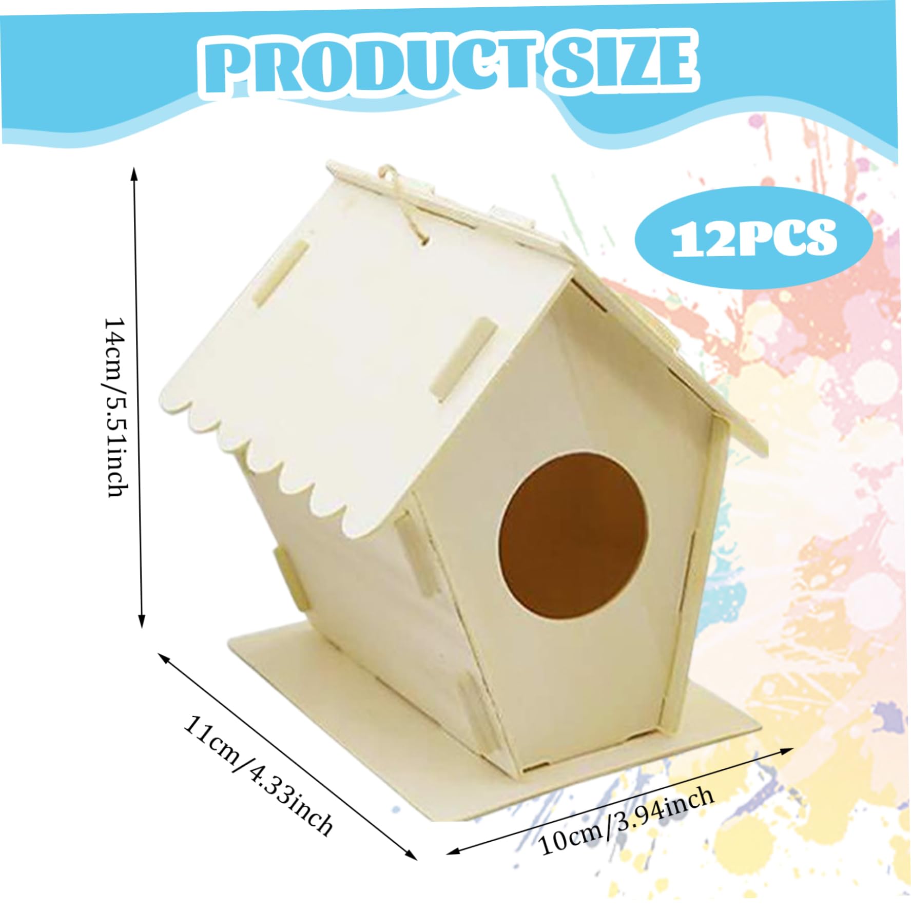 Casa para pájaros de 12 Piezas, Casas para pájaros de Madera sin Pintar con Orificio Redondo y Gancho para Colgar, Edificios pequeños exquisitos para decoración de Jardines o Espacios al Aire Libre