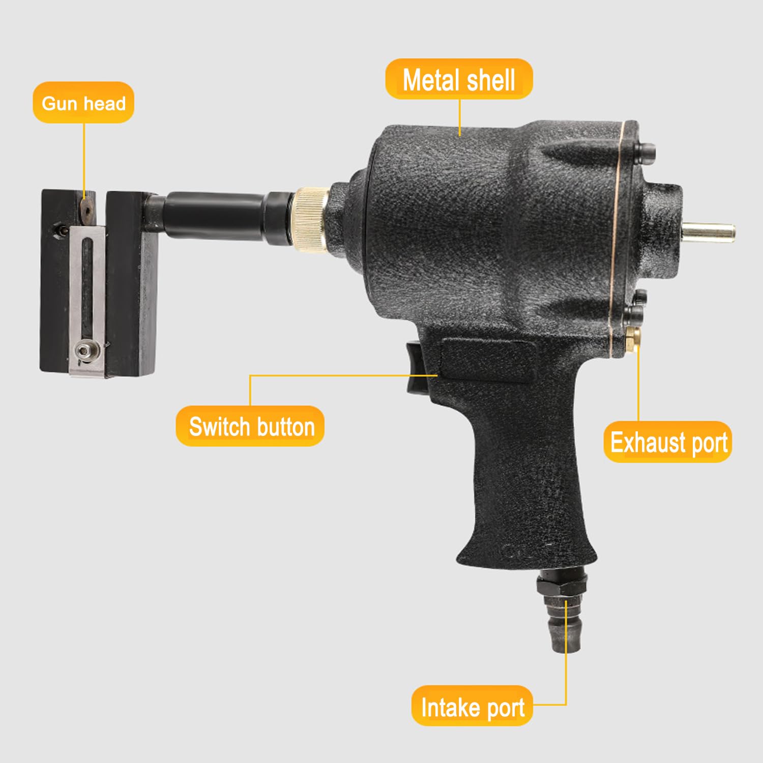 Industrielle Blechstanzpistole, pneumatischer Locher, 3,2–6 mm Luftlochstanzwerkzeug für Metall, einstellbare Ränder, Klemmkopf um 360 ° drehbar, robuster Metalllochflanschöffner, für Büro und Zuhause