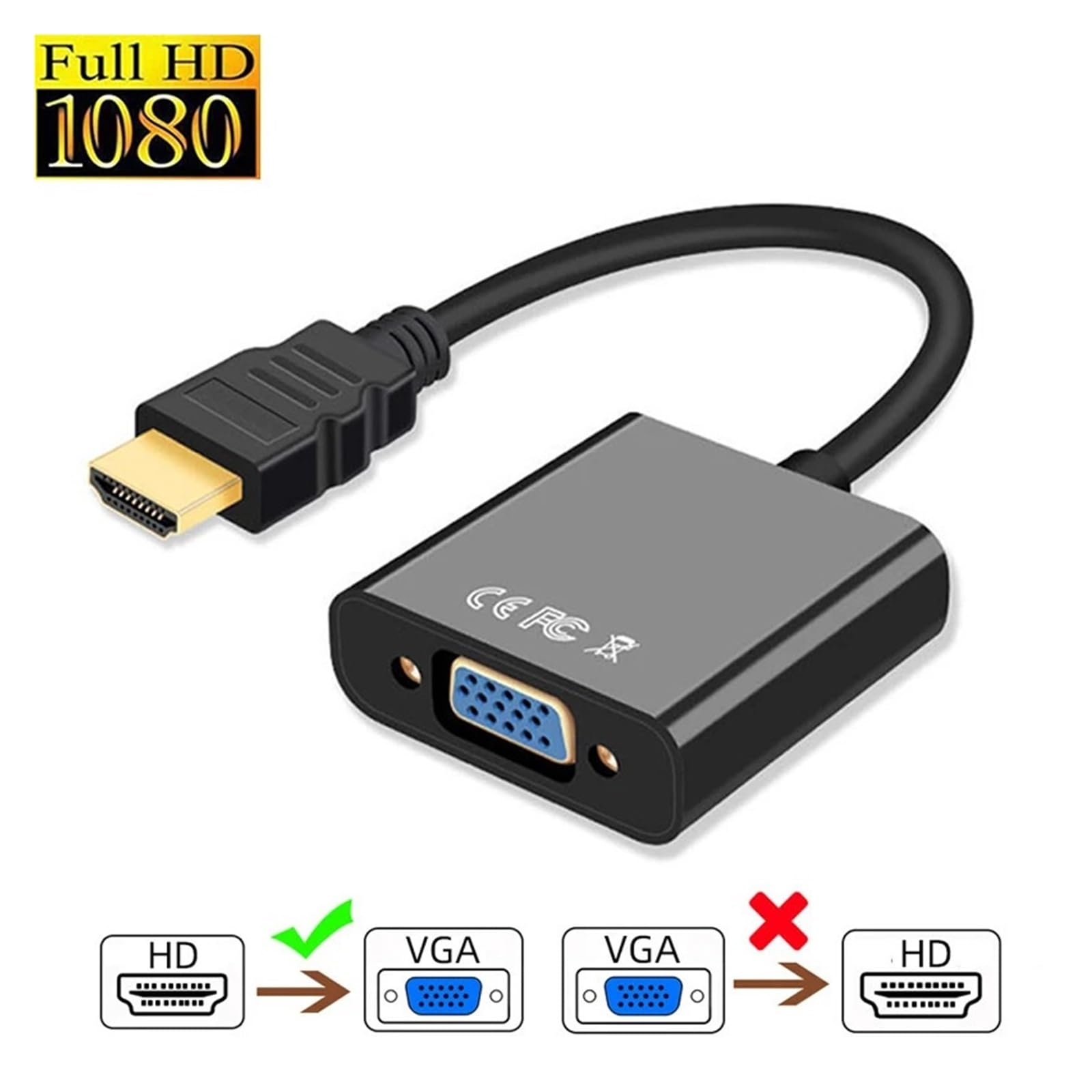 1080P HDMI do VGA adapter męski na żeński konwerter do komputera przenośnego (czarny)