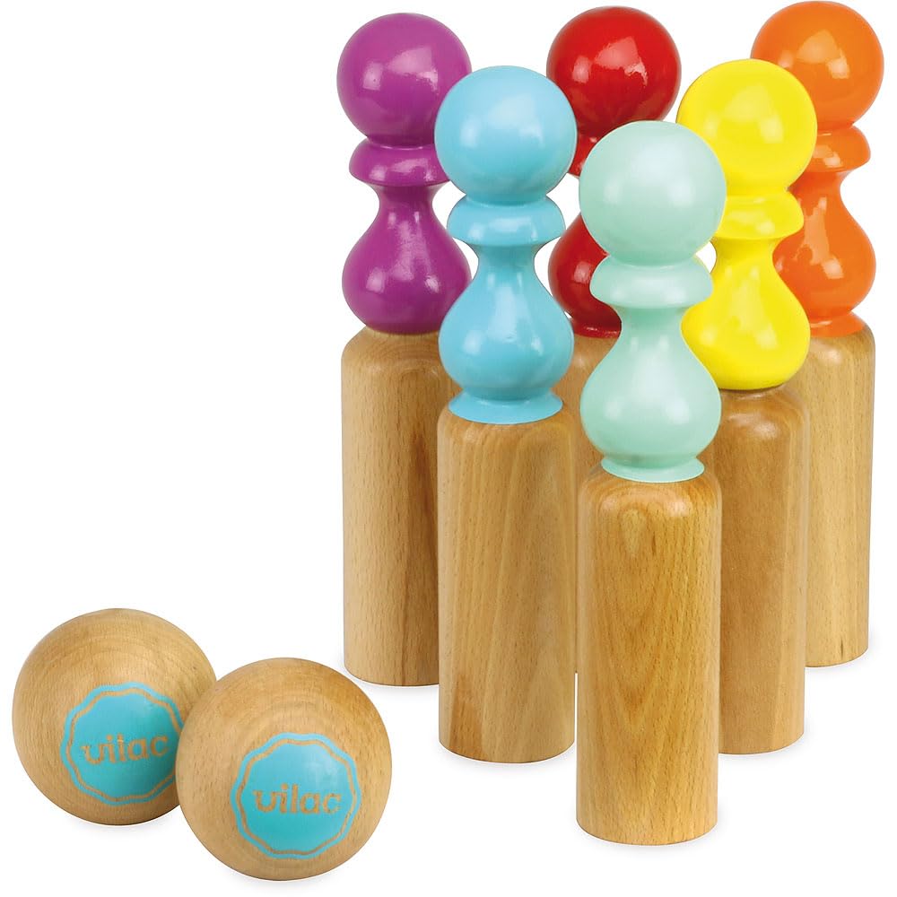 Vilac - 6 Quilles de Bowling Retro - Bicolores - Jeu de Plein Air - Jeu d'Adresse et de Précision en Bois - Jeu d'Ambiance - 2 Boules - Sac de Rangement en Coton