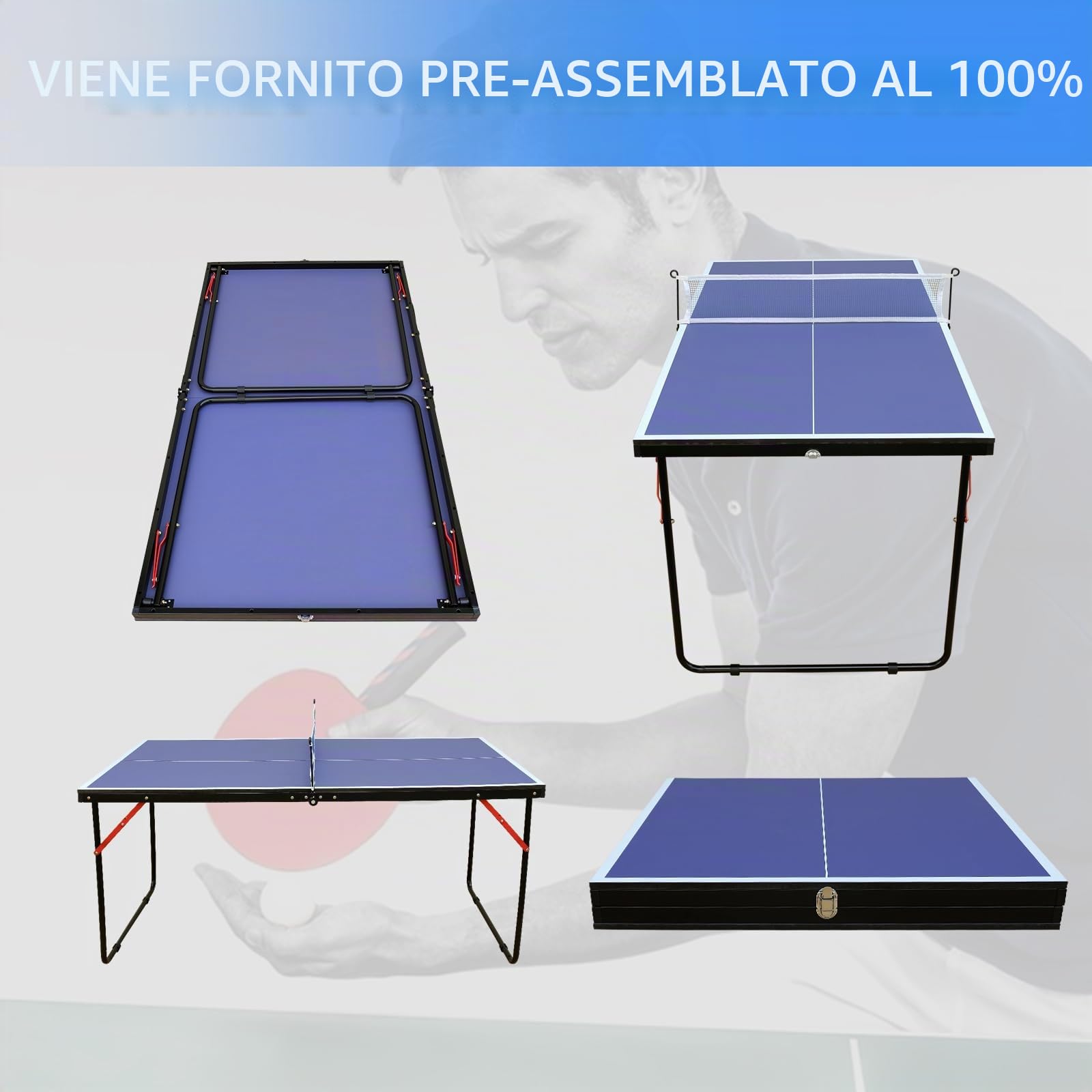 Generic KKB Sport - Tavolo da ping pong pieghevole da 1,5 m, portatile, per interni ed esterni, tavolo da ping pong di medie dimensioni con 2 pagaie, 3 palline e rete
