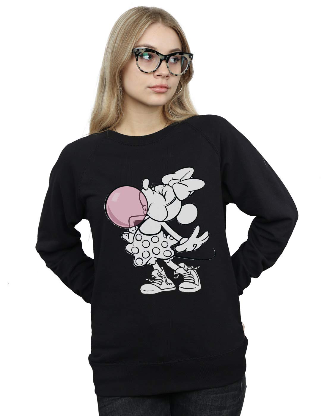 Absolute Cult Women's Black Disney Minnie Mouse Gum Bubble Sweatshirt Extra Large
