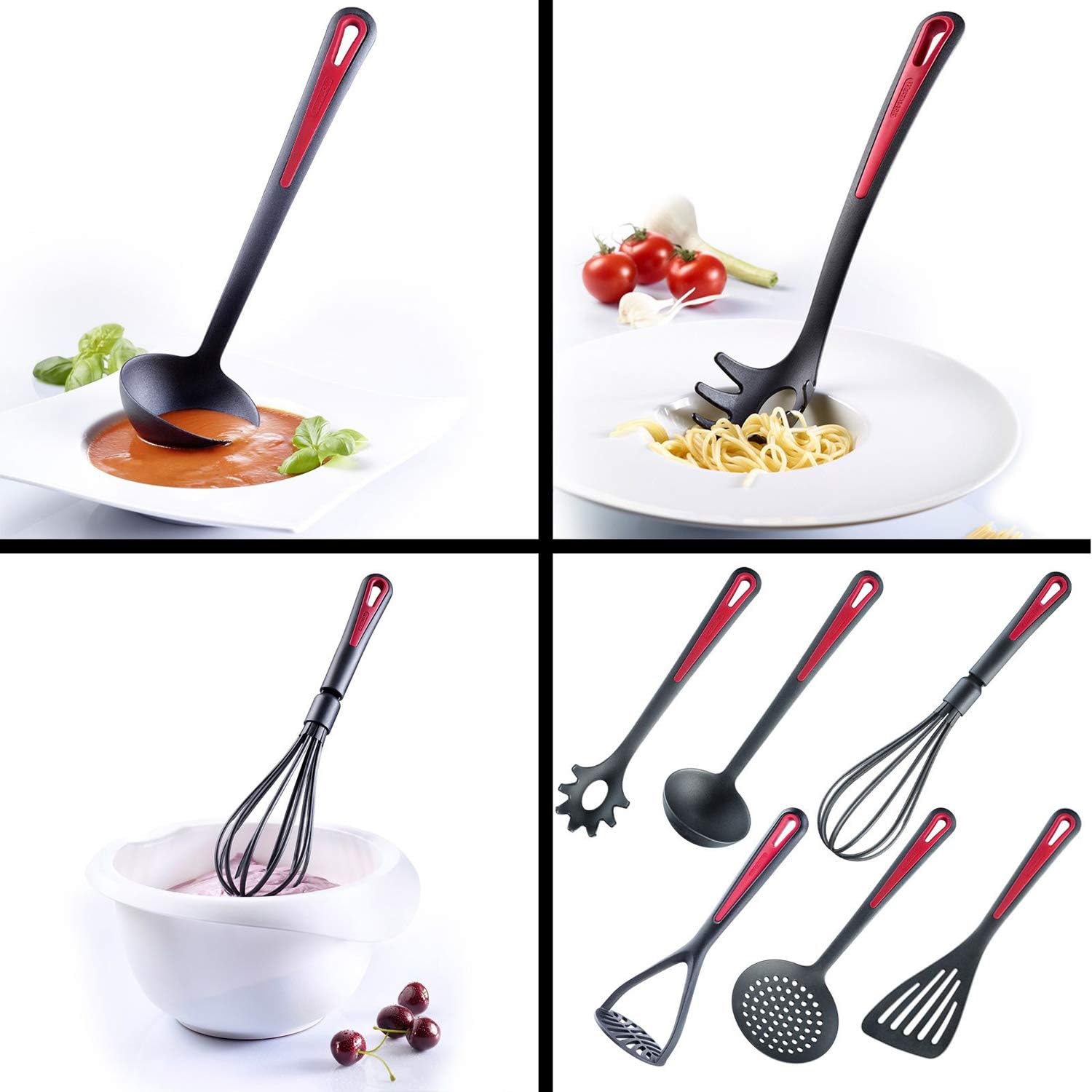 Westmark Küchenhelfer-Set, 6-tlg, Pfannenwender, Schaum-, Spaghettilöffel, Suppenkelle, Kartoffelstampfer, Schneebesen, Hochwertiger Kunststoff, Gallant, Schwarz/Rot, 290022E6