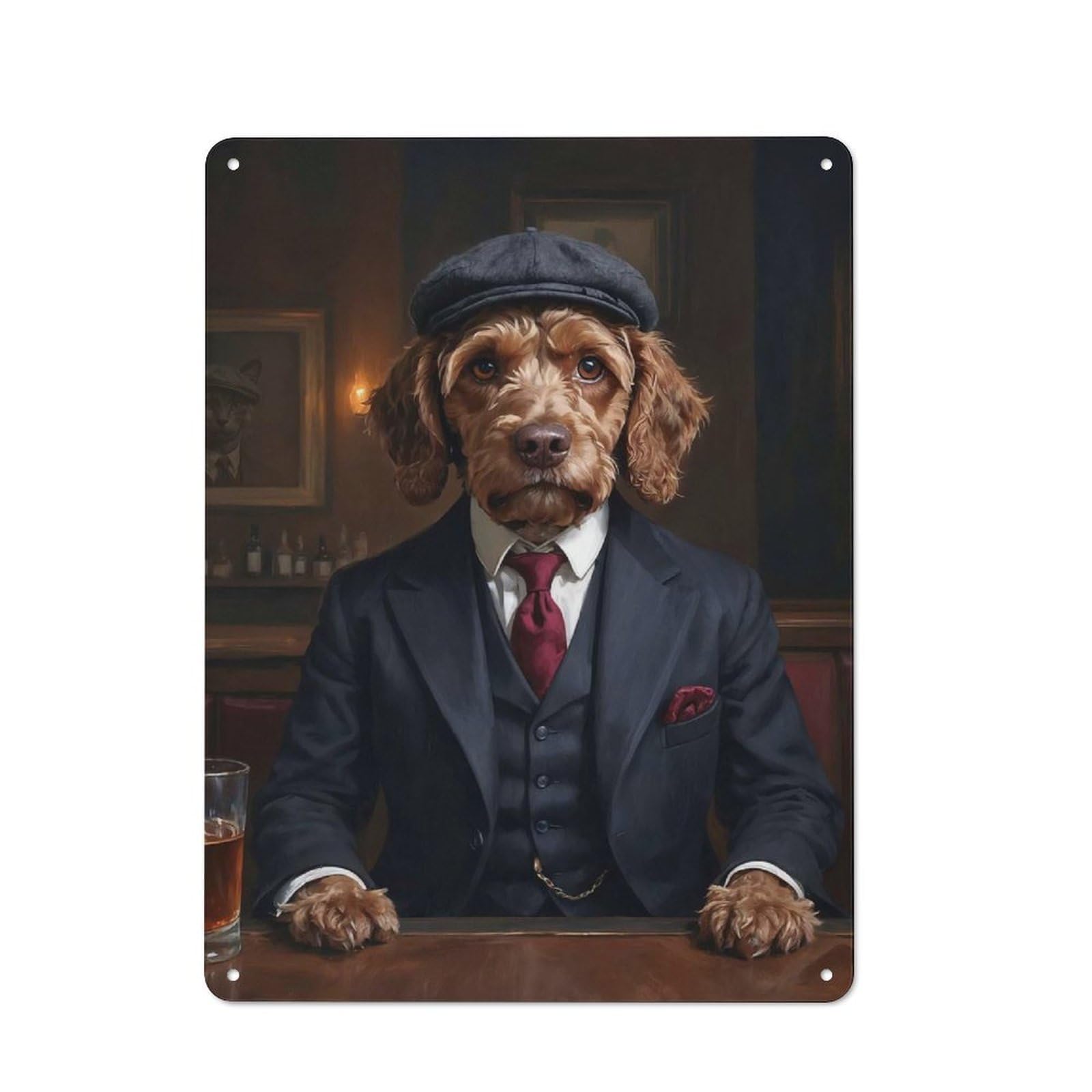 Junmoney Brown Cockapoo Dog In Suit At The Pub Metal Wall Sign 40X30cm Featuring For Café Or Restaurant, A Decorative Metal Sign For Cafés And Restaurants