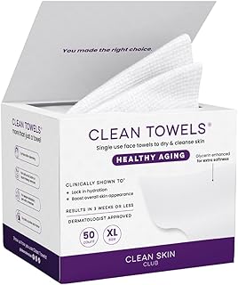 Clean Skin Club Healthy Aging Clean Towels XL, suaviza las arrugas y la textura de las líneas finas en 6 semanas, tratadas para mayor suavidad, toallas faciales desechables, removedor de maquillaje