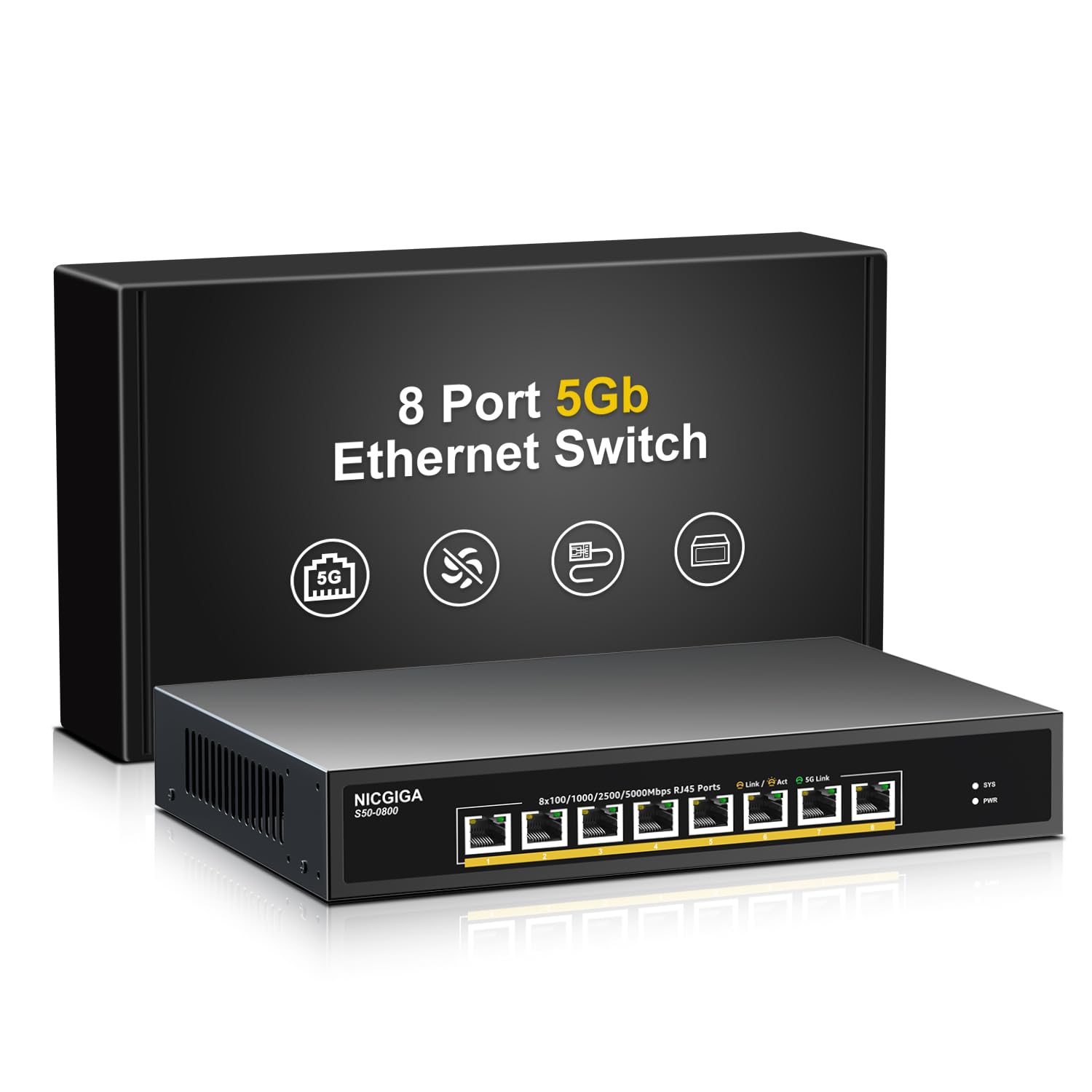 8 Port 5G Ethernet Switch Unmanaged,with 8X 5Gb Base-T Ports, NICGIGA 5Gbps Network Switch Easy for 5G NAS,PC,WiFi7 Router,5G Adapter/NIC. Desktop or