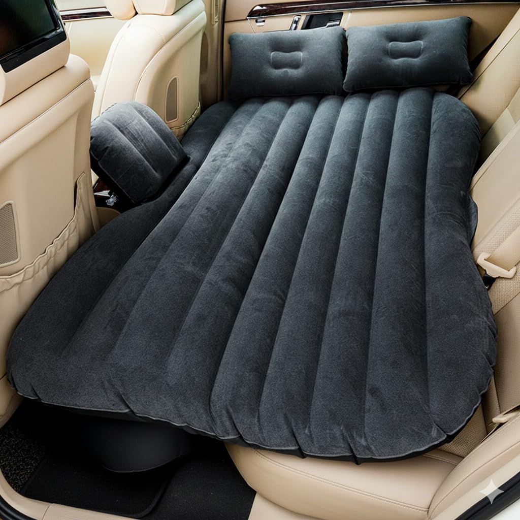 Car Inflatable Bed - Back Seat Car Mattress with Air Pump & 2 Pillows - Portable Travel Air Bed for Kids & Camping - Universal Fit for SUV, Sedan & Minivan (Black)