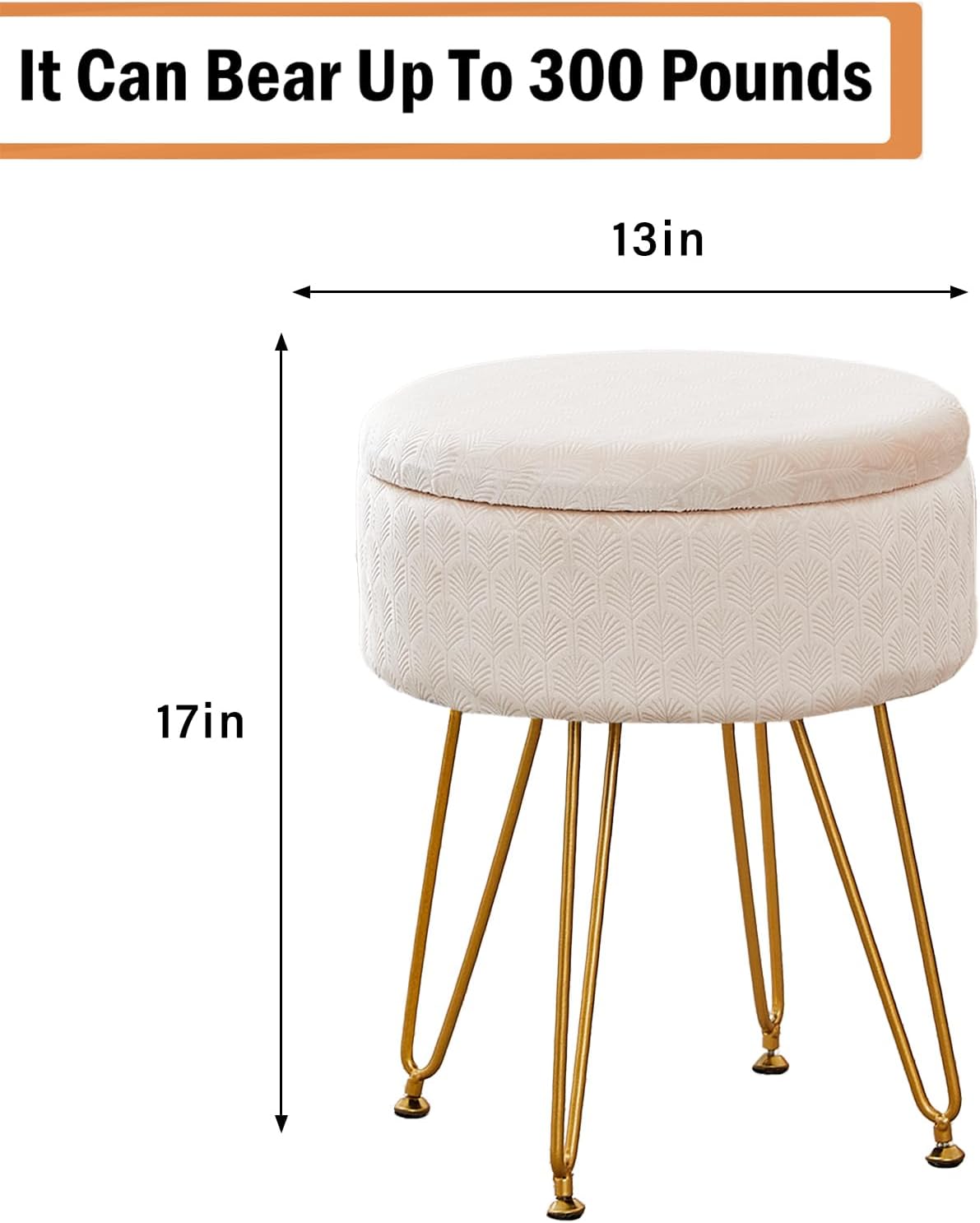 Cpintltr Footrest Footstools Round Velvet Ottoman with Storage Space Soft Vanity Chair with Memory Foam Seat Small Side Table Hallway Step Stool 4 Gold Metal Legs with Adjustable Footings Champagne - Image 3