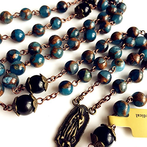 elegantmedical Football STONE bead Black Obsidian Our Lady Of Guadalupe Medal Rosary Jesus Christ Cross CRUCIFIX CATHOLIC NECKLACE3