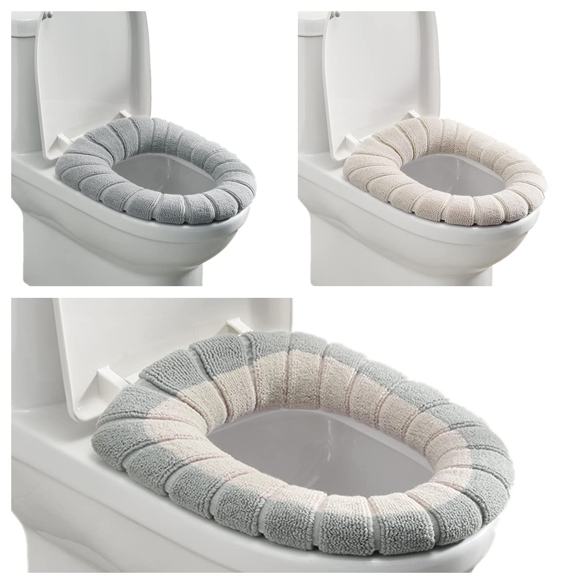 Mmnuagebleu Lot De 3 Housses De Siège WC Antibactériennes – Peluche Chaude, Douce & Extensible – Lavable – Pour Abattant O & Carré 42x33 Cm