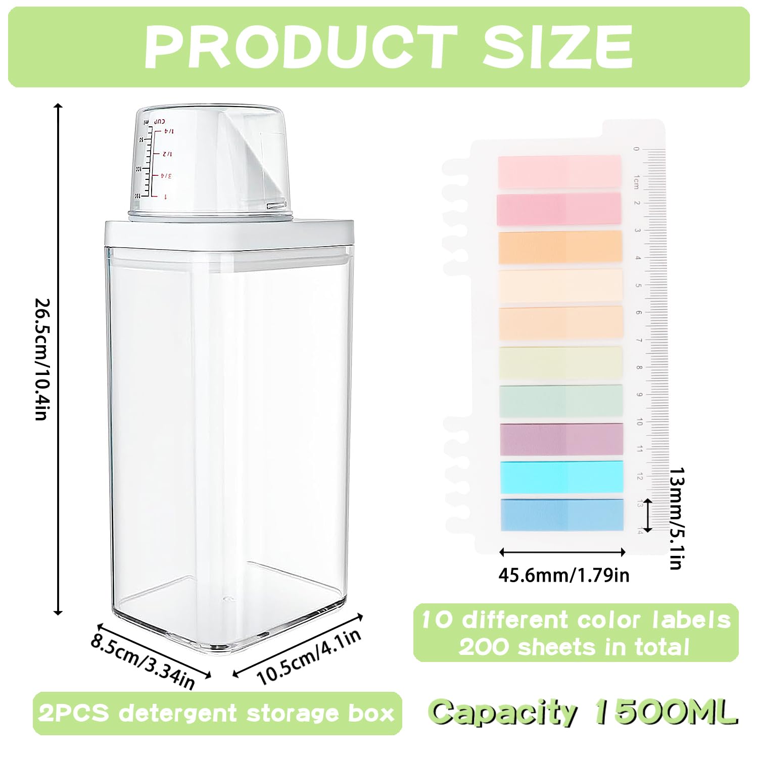 2 contenitori per detersivi da 1500 ml, con misurino, detersivo in polvere, dispenser ermetico, contenitore per detersivi