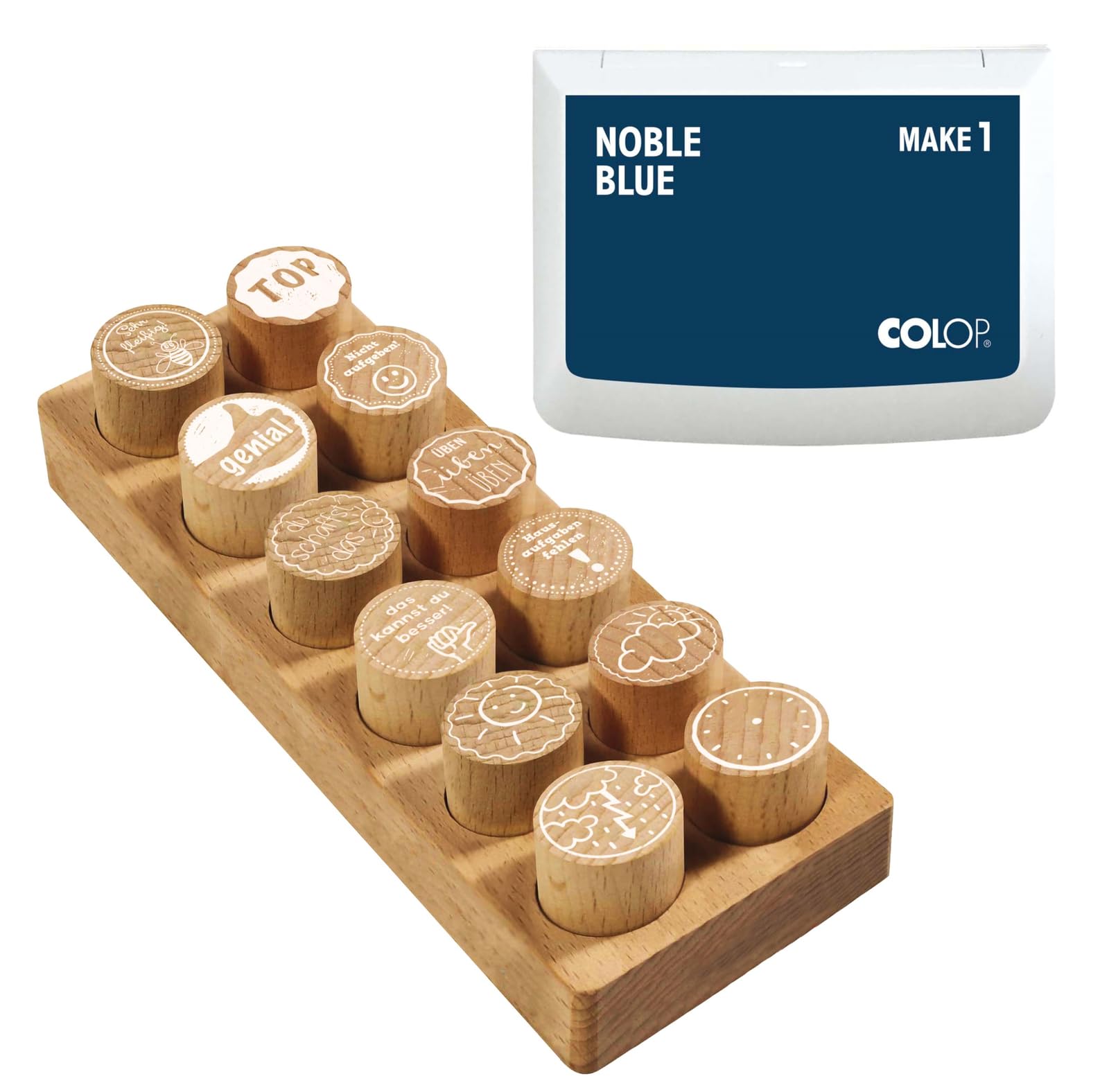 Set di timbri in legno COLOP Woodies "Motivation" con 12 motivi, timbro di riconoscimento e motivazione in legno di faggio, dimensione: Ø 29 mm, incl. 1 tampone d'inchiostro, blu, 50 x 90 mm